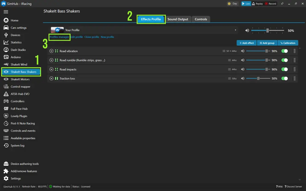 SimHub ShakeIt Bass Shakers Menu